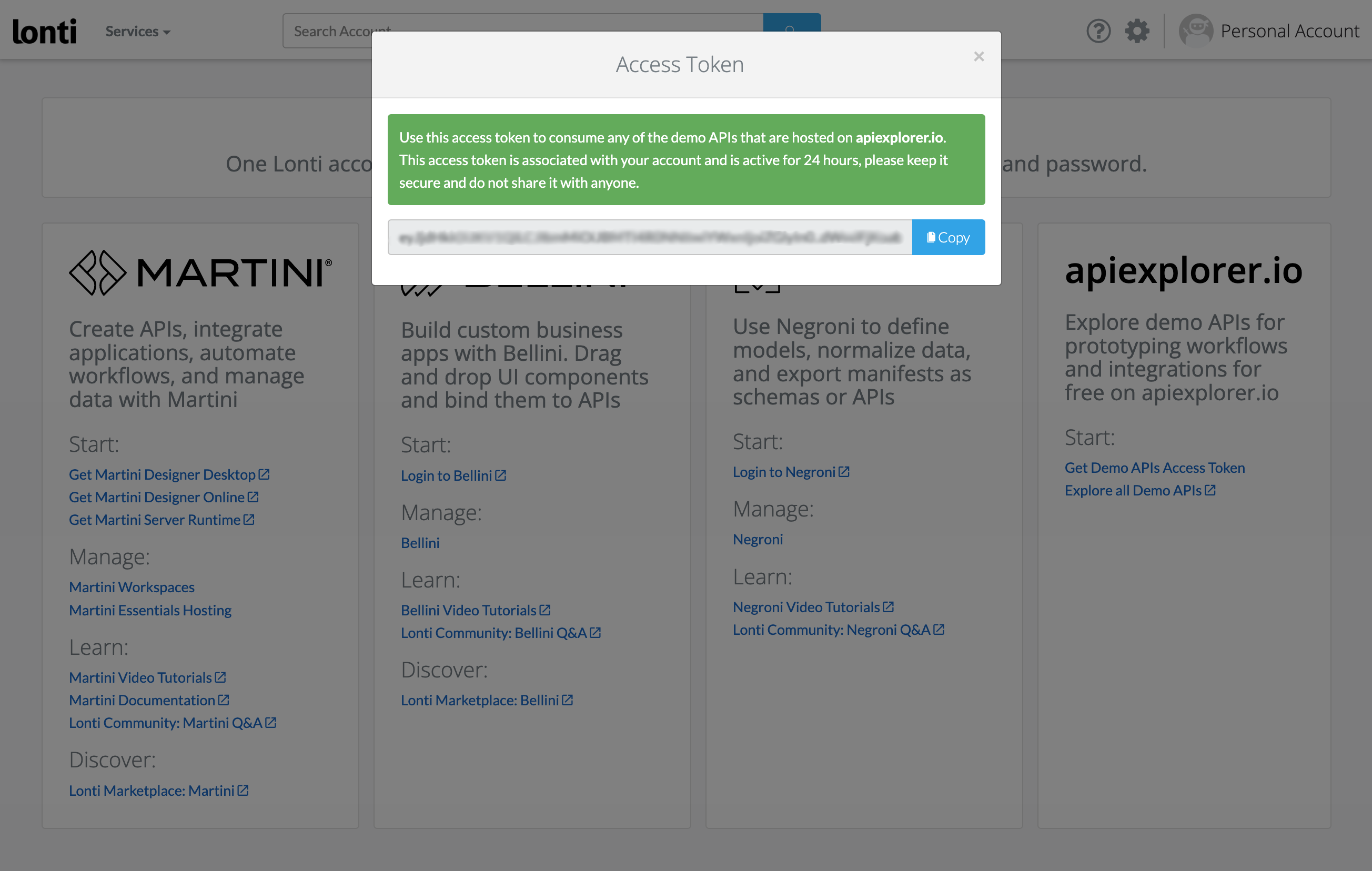 Obtaining an access token for apiexplorer.io at the Lonti Console
